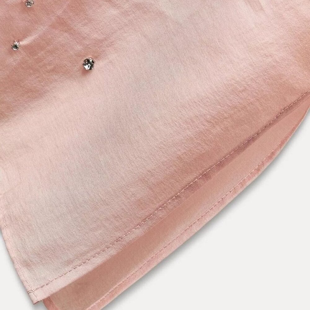 ZARA ZW Collection sz S New Embroidered Shirt Jewels Rhinestones Pastel Pink - Picture 6 of 15